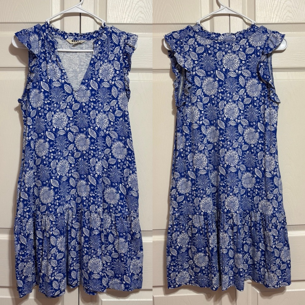 Boden Blue and White Floral V-Neck Dress